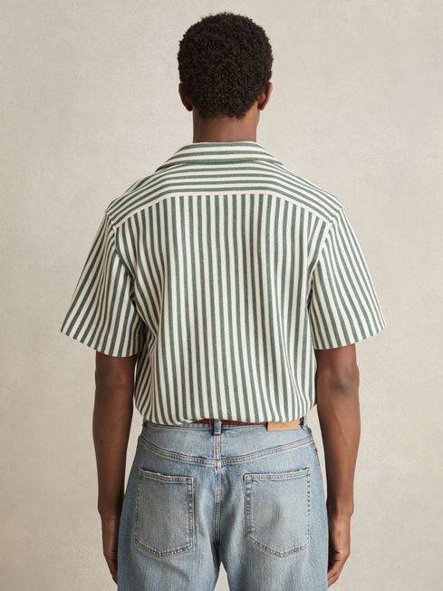 Reiss Green/White Trig Textured Stripe Cuban-Collar Shirt