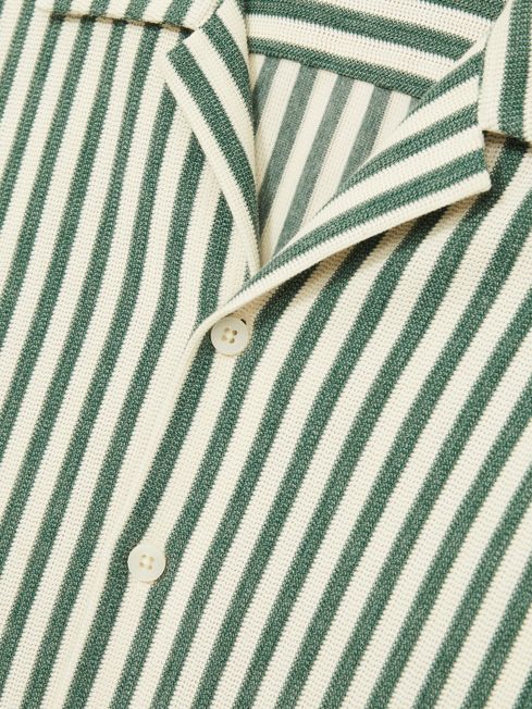 Reiss Green/White Trig Textured Stripe Cuban-Collar Shirt