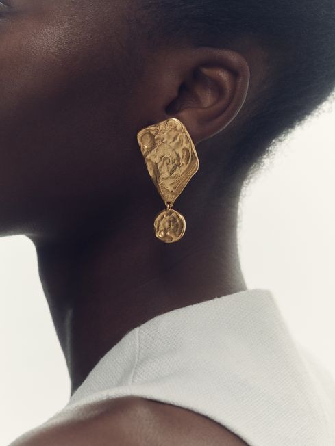 Reiss Gold Tone Mason Molten Large Drop Earrings