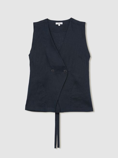 Reiss Navy Whitney Linen Button-Front Waistcoat
