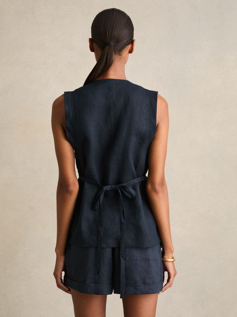 Reiss Navy Whitney Linen Button-Front Waistcoat