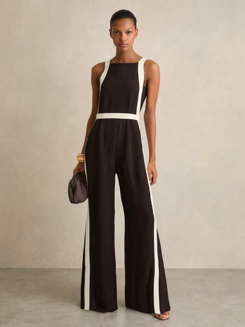 Reiss Chocolate/Cream Salma Colour-Block Wide-Leg Jumpsuit