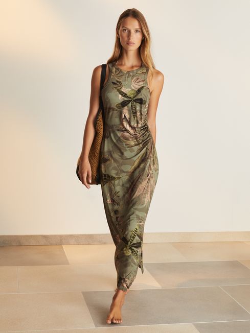 Reiss Khaki Lola Reiss | NYBG Floral Ruched Jersey Dress