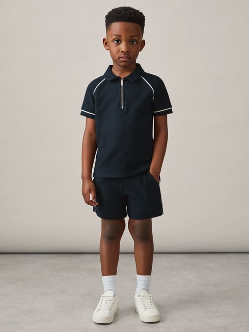 Reiss Navy Lolland Cotton Textured Half-Zip Polo Shirt