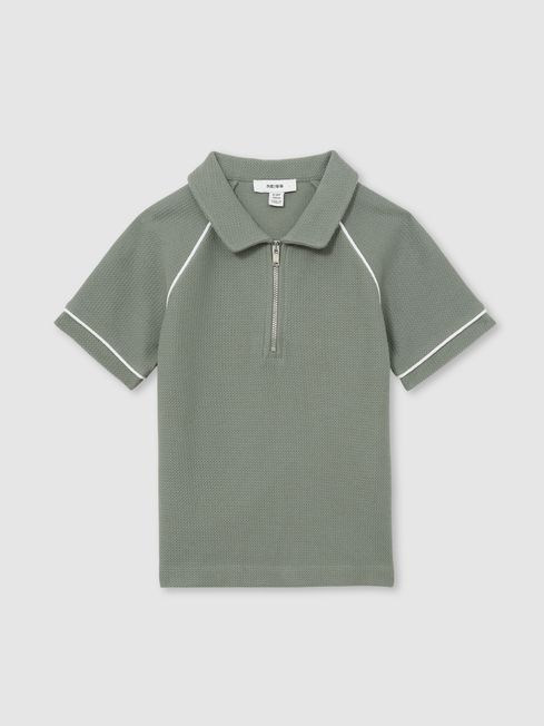 Reiss Sage Green Lolland Cotton Textured Half-Zip Polo Shirt