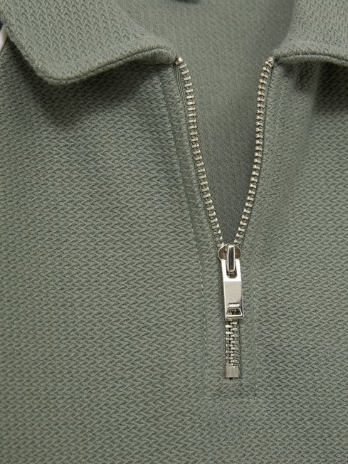Reiss Sage Green Lolland Cotton Textured Half-Zip Polo Shirt