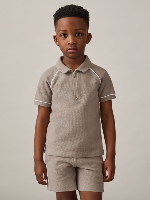 Reiss Mink Brown Lolland 9-13 yrs Cotton Textured Half-Zip Polo Shirt