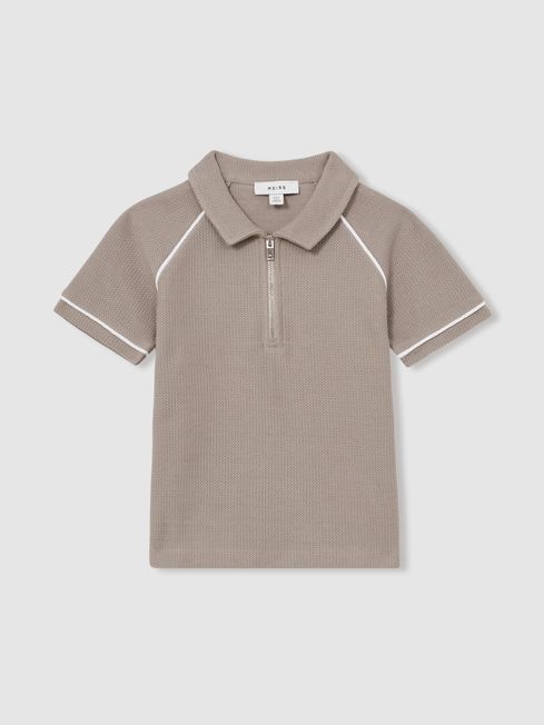 Reiss Mink Brown Lolland 9-13 yrs Cotton Textured Half-Zip Polo Shirt