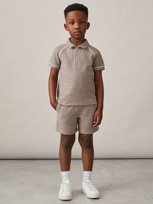 Reiss Mink Brown Lolland 9-13 yrs Cotton Textured Half-Zip Polo Shirt