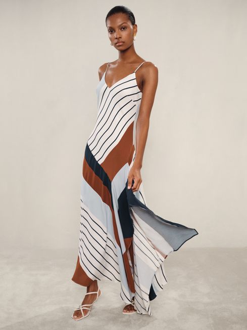 Reiss Blue/Brown Hallia Stripe-Print Handkerchief Maxi Dress