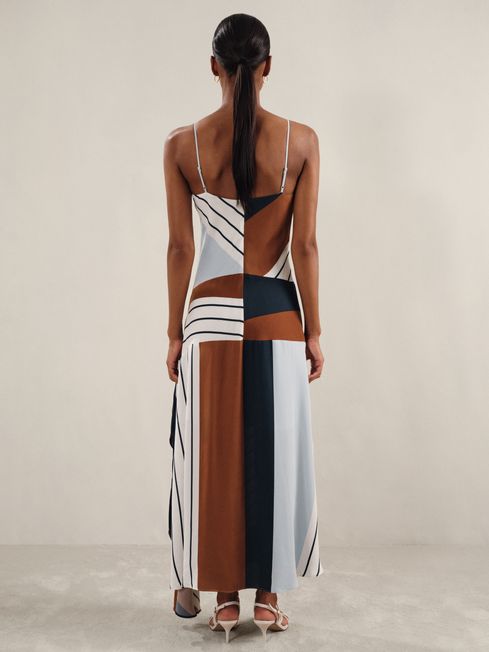 Reiss Blue/Brown Hallia Stripe-Print Handkerchief Maxi Dress