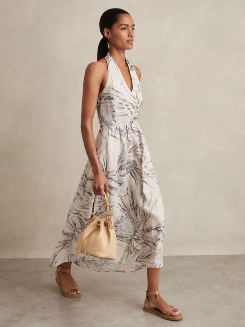 Reiss Neutral Carla Petite Linen Palm Print Halterneck Midi Dress