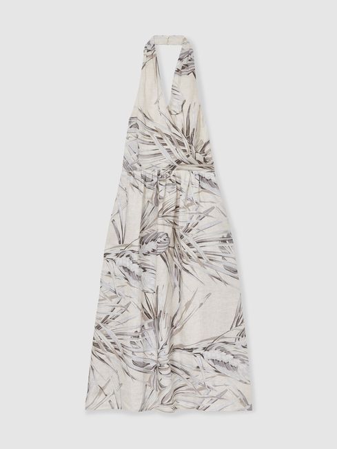 Reiss Neutral Carla Petite Linen Palm Print Halterneck Midi Dress