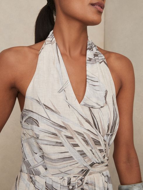 Reiss Neutral Carla Petite Linen Palm Print Halterneck Midi Dress