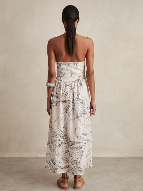 Reiss Neutral Carla Petite Linen Palm Print Halterneck Midi Dress