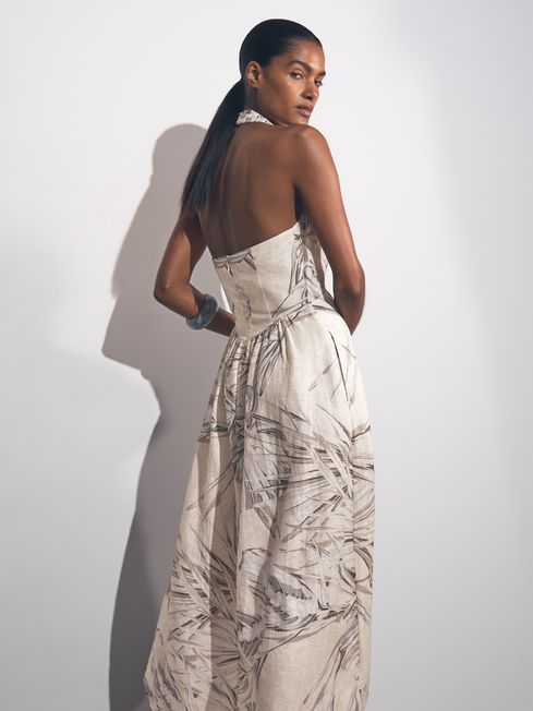 Reiss Neutral Carla Petite Linen Palm Print Halterneck Midi Dress