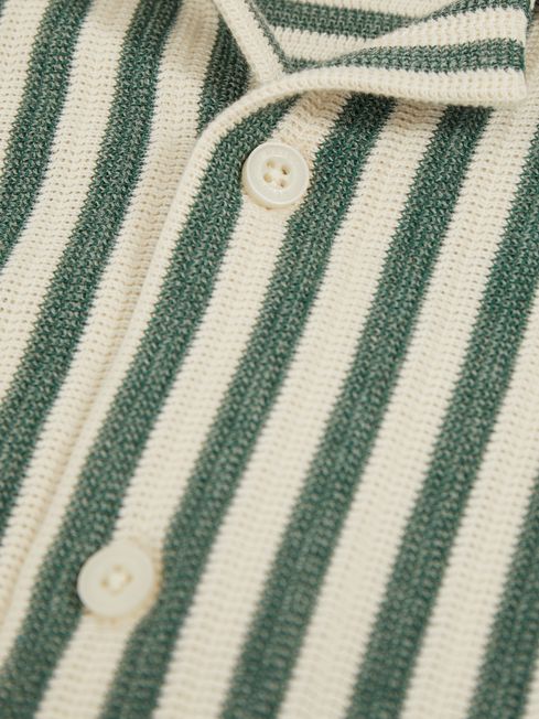 Reiss Green/White Trig Textured Stripe Cuban-Collar Shirt