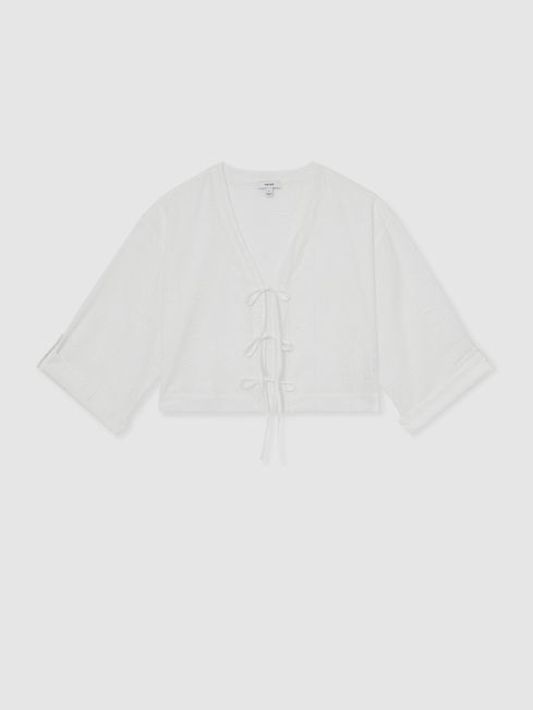 Reiss White Nadia Cotton Broderie Tie-Front Top