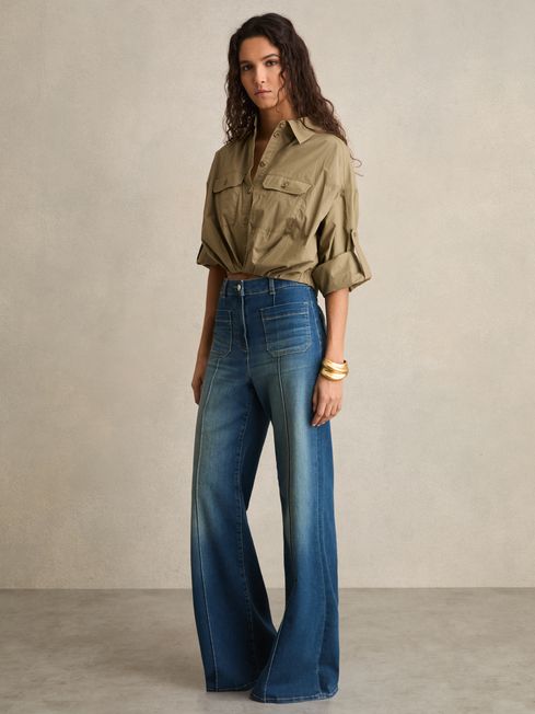 Reiss Khaki Thalia Pleat-Hem Cropped Shirt