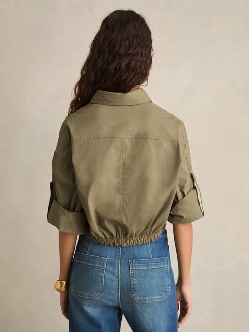 Reiss Khaki Thalia Pleat-Hem Cropped Shirt
