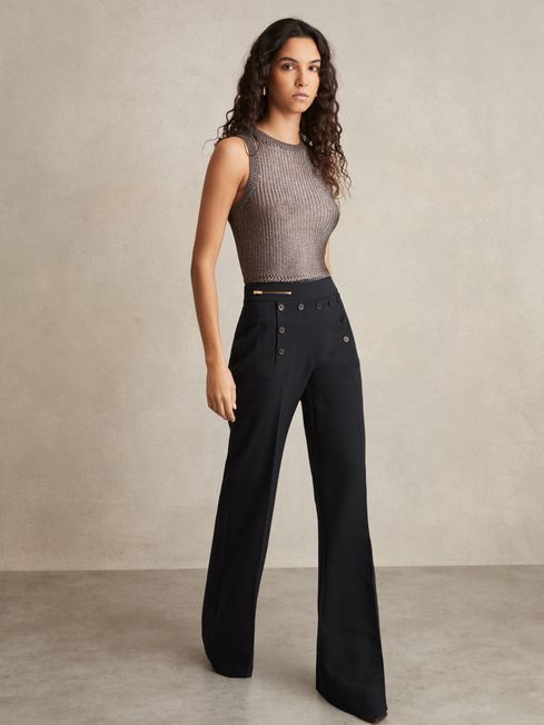 Reiss Navy Sidney Petite Button-Detail Wide-Leg Trousers