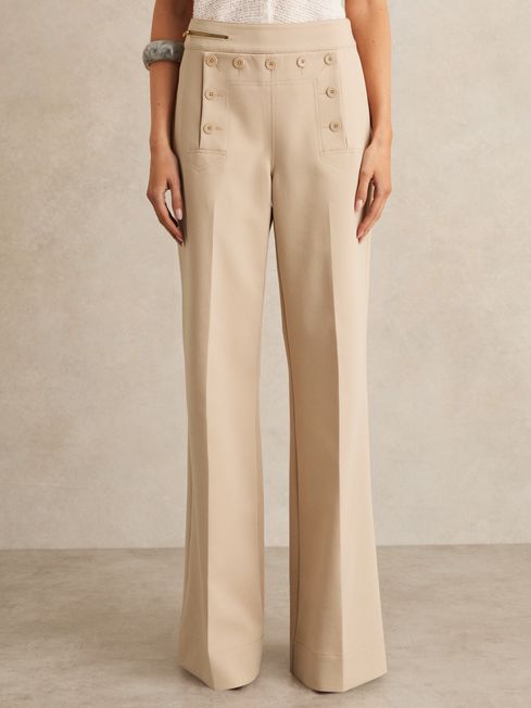 Reiss Neutral Sidney Petite Button-Detail Wide-Leg Trousers