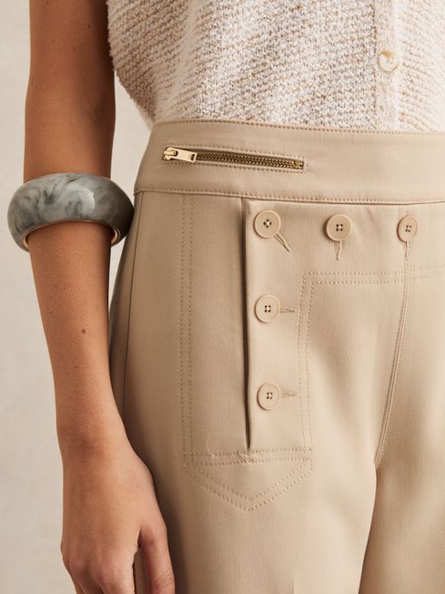 Reiss Neutral Sidney Petite Button-Detail Wide-Leg Trousers