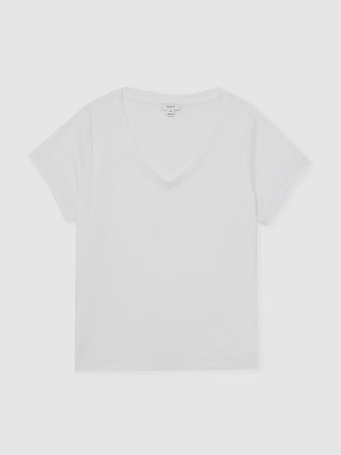 Reiss White Luna Brushed-Cotton V-Neck T-Shirt