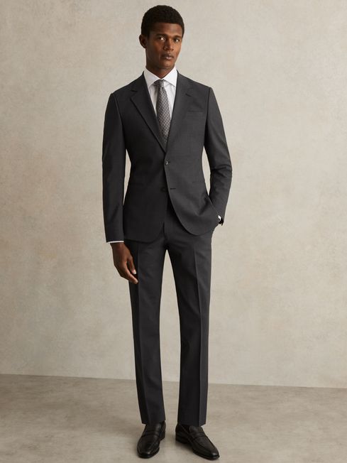 Reiss Grey Promise Wool-Blend Single-Breasted Suit Blazer Slim-Fit