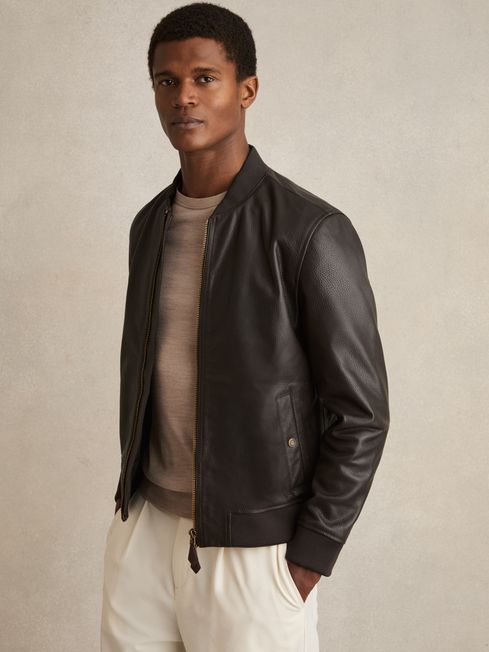 Reiss Brown Cast Leather Bomber Jacket