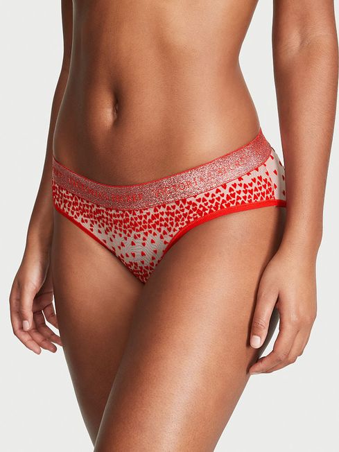 Victoria's Secret Lipstick Flocked Hearts Red Hipster Logo Cotton Knickers