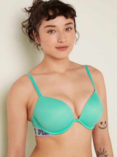 Victoria's Secret PINK Teal Ice Green Rainbow Band Smooth Super Push Up Bra