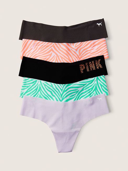 Victoria's Secret PINK Black/Orange/Purple/Green Zebra Print Thong Smooth No Show Knickers Multipack