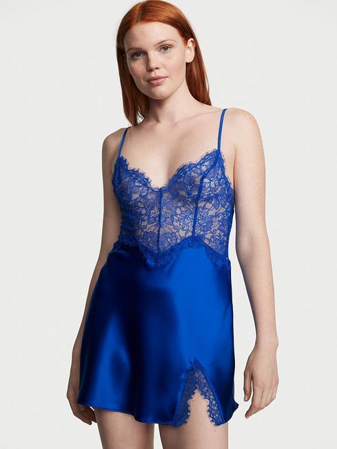 Victoria's Secret Blue Oar Satin Lace Slip Dress