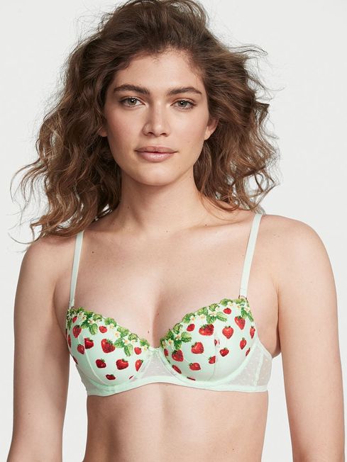 Victoria's Secret Pale Green Embroidery Lightly Lined Demi Strawberry Embroidered Bra