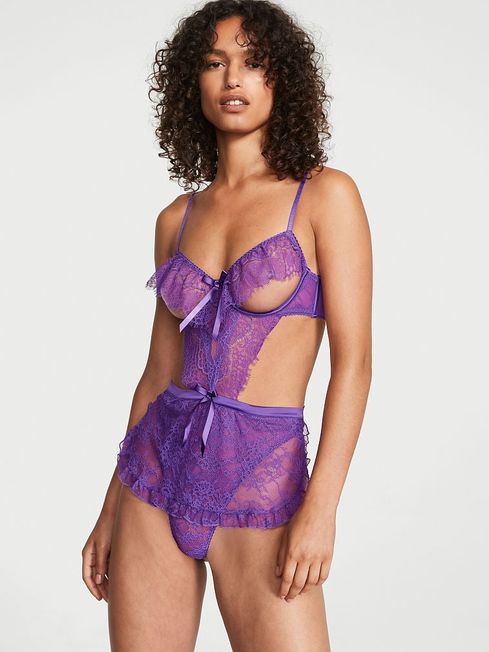 Victoria's Secret Violetta Purple Lace Lace Cut Out Apron Bodysuit