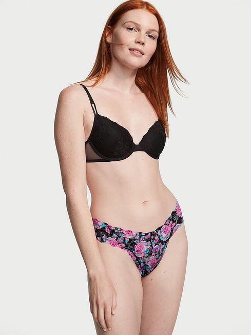 Victoria's Secret Black Stylized Rose Print Thong Lace Knickers