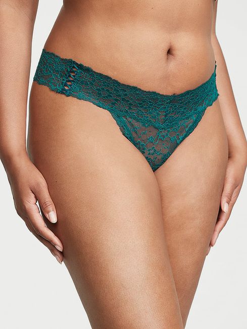 Victoria's Secret Black Ivy Green Double Side Lace Up Thong Lace Knickers
