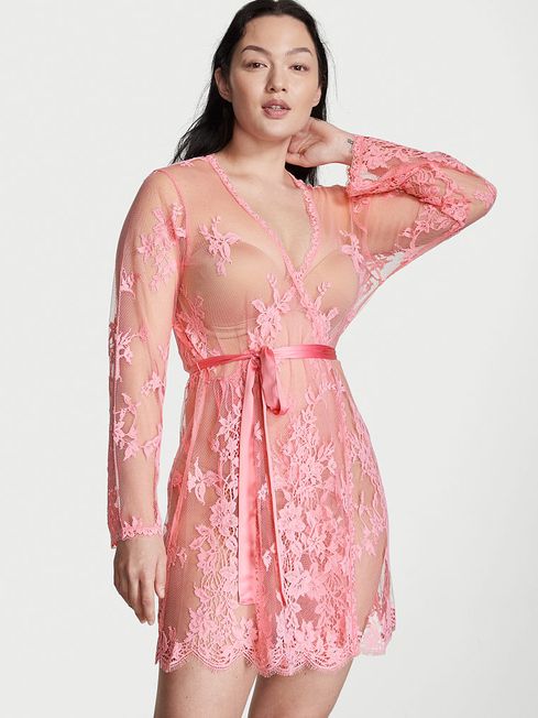 Victoria's Secret Pink Roses Sheer Lace Robe