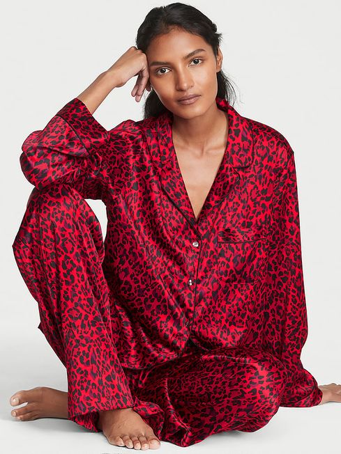 Victoria's Secret Lipstick Red Leopard Satin Long Pyjamas