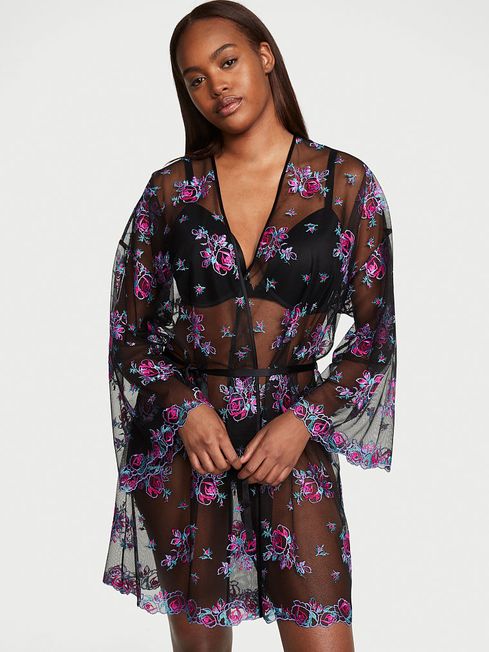 Illuminating Blooms Black Lace Trim Robe