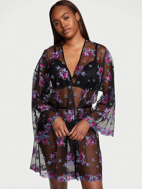 Victoria's Secret Illuminating Blooms Black Lace Trim Robe