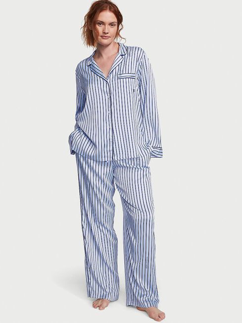 Victoria's Secret Blue Crescent Logo Stripe Satin Long Pyjamas