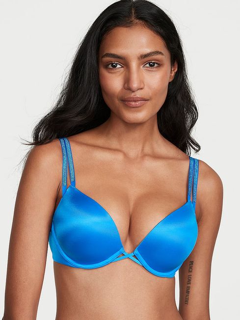 Victoria's Secret Shocking Blue Lace Add 2 Cups Push Up Double Shine Strap Add 2 Cups Push Up Bombshell Bra