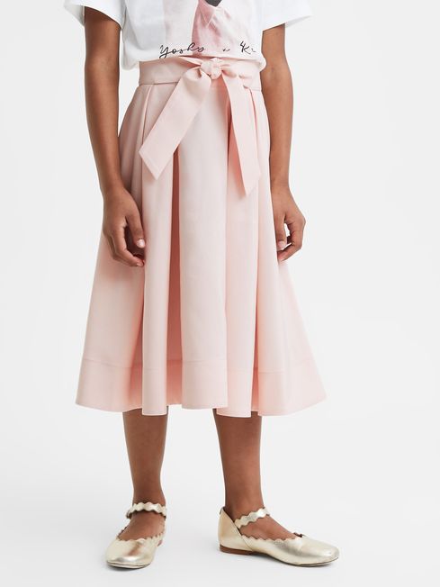 Reiss Pink Garcia Senior Pleated Belted Taffeta Midi Skirt