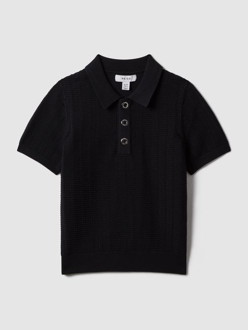 Reiss Navy Pascoe Teen Textured Modal Blend Polo Shirt