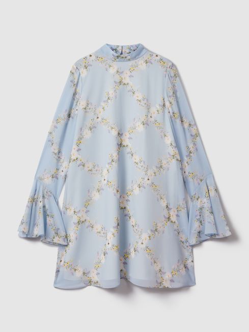 Florere Printed Fluted Sleeve Mini Dress in Pale Blue REISS Canada