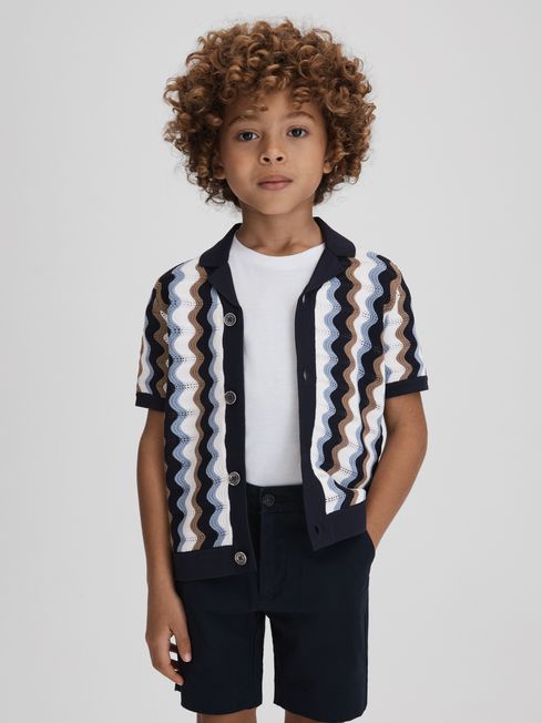 Reiss Blue Multi Waves Junior Knitted Cuban Collar Shirt