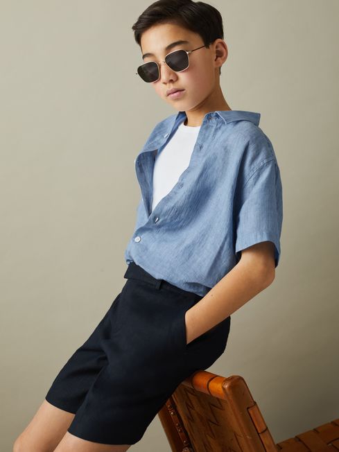 Reiss Sky Blue Holiday Junior Short Sleeve Linen Shirt