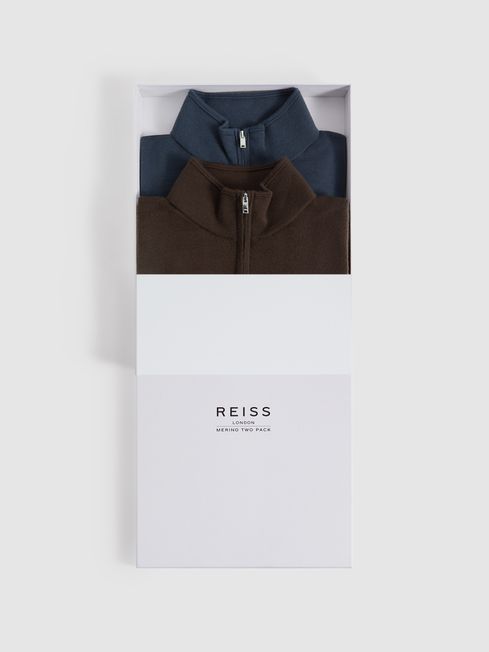 Reiss Bitter Chocolate/Anthracite Blackhall 2 Pack Two Pack Of Merino Wool Zip-Neck Jumpers
